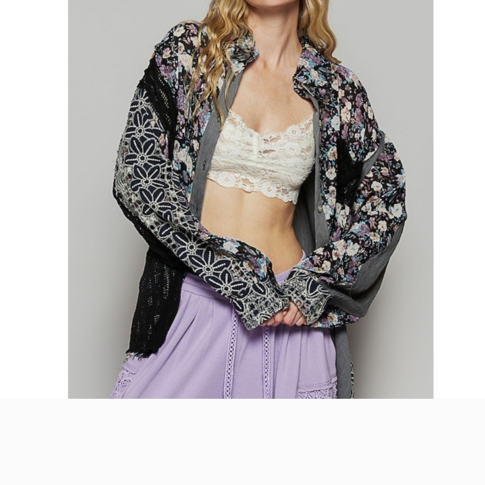 POL Black and Gray Bomber Jacket with Ornate Floral Design